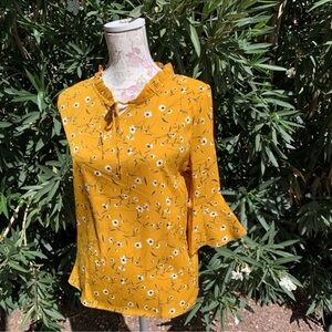 Boho Mustard Yellow Floral Ruffle Neck 3/4 Sleeve Festival Top Size Medium